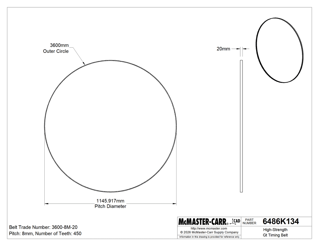 Technical Drawing of High-Strength Gt Timing Belt, Curved, 20mm Wide, 3600-8m-20, Gates Powergrip Gt4.